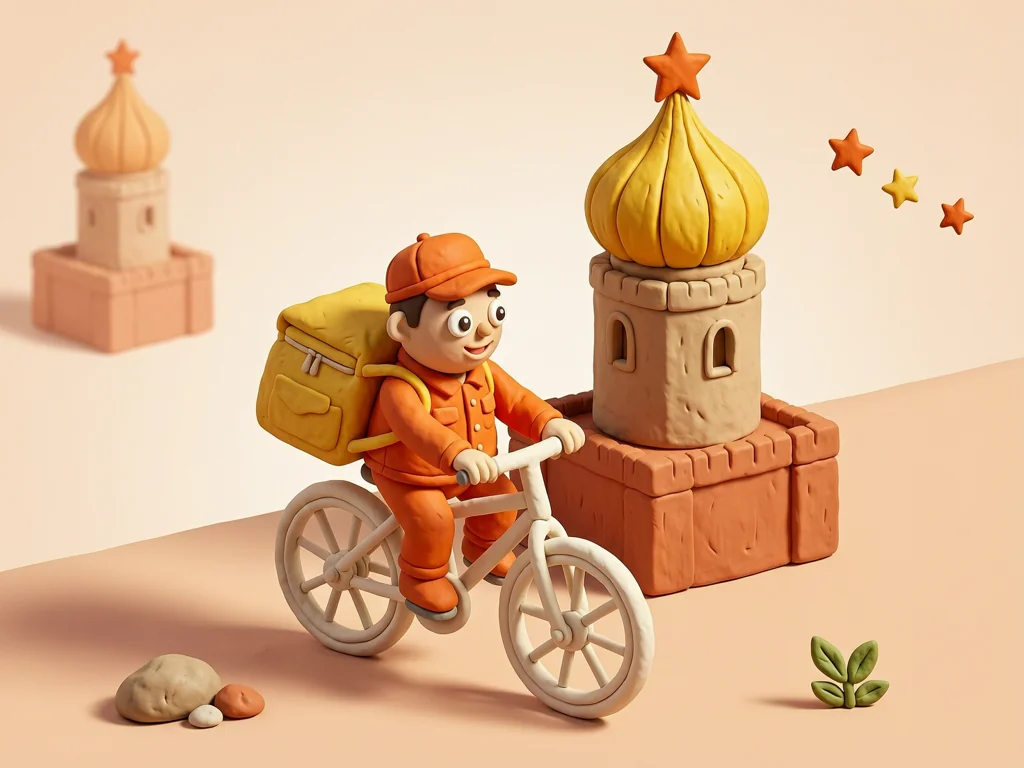 Сколько зарабатывает курьер в Москве в 2026 году: велокурьер с термосумкой на фоне Кремля — зарплата курьера-партнёра в столице